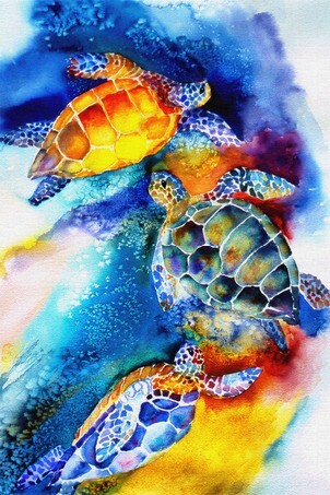 Watercolor painting of sea turtles swimming